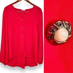 Everly Womens Flowy Blouse Large Poppy Red Brass Decorative Buttons Long Sleeve